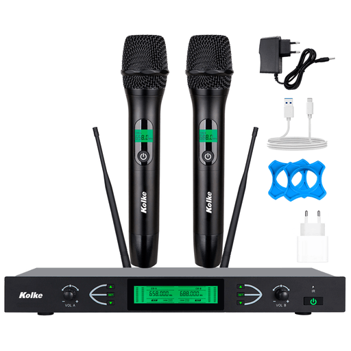 El sistema de micrófonos inalámbricos Kolke es una opción profesional y confiable, ideal para presentaciones, eventos, karaoke o uso escénico. Incluye un receptor y dos micrófonos dinámicos UHF de doble canal, que brindan una transmisión estable, sonido claro y un bajo nivel de ruido incluso en entornos exigentes. Con un alcance de hasta 60 metros, permite moverse con total libertad sin perder calidad de audio. Cada micrófono dispone de múltiples frecuencias seleccionables, minimizando interferencias y asegurando un rendimiento óptimo en todo momento. Además, el receptor incorpora pantalla LED, ajuste automático de frecuencia por infrarrojo IR y salida de audio mediante cable 6,35mm, ofreciendo una configuración rápida y sencilla.

