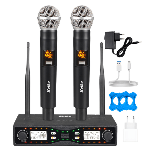 El sistema de micrófonos inalámbricos Kolke ofrece una solución profesional y confiable para presentaciones, eventos, karaoke o uso escénico. Incluye un receptor y dos micrófonos dinámicos inalámbricos UHF de dos canales, con hasta 50m de alcance, transmisión estable y sonido claro con bajo nivel de ruido. Cada micrófono cuenta con múltiples frecuencias seleccionables para minimizar interferencias, mientras que el receptor con pantalla LED y salidas XLR y MIX garantiza una conexión versátil y de alta calidad, brindando un audio nítido y preciso en todo momento.