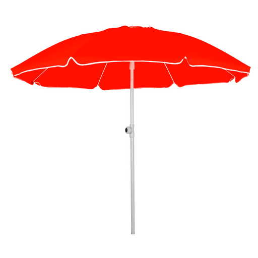 Sombrilla para playa Ray Zero de 1.80 m de diámetro. Esta fuerte sombrilla cuenta con un armazón de acero reforzado a prueba de viento. La tela que posee es de una densidad de 210 gr/m2 y tiene filtro UV de 50+ Hunstman de origen alemán. 
