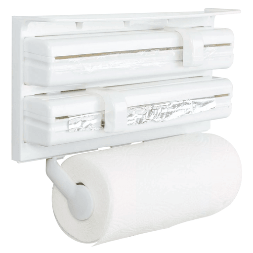 Aumentá la eficiencia de tu cocina con este soporte 3 en 1 para papel film transparente, papel de aluminio y rollo de cocina. Con este artículo podrás ahorrar espacio, organizar y mantener los diferentes papeles de limpieza o almacenamiento en un mismo lugar. Cuenta con cuchillas deslizantes para cortes limpios y en la parte superior un estante para colocar frascos con especias y condimentos.