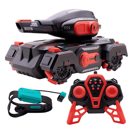 Este Tanque Waterbomb lanzador de municiones de hidrogel, cuenta con un atractivo diseño en negro y detalles en rojo que incorpora 4 ruedas en su estructura robusta y un contundente cañón de disparo. Lo podés controlar a distancia gracias a que incluye un control remoto y un brazalete que te permite manejarlo a través de gestos. También cuenta con luces LED y con un contenedor de tapa desmontable en el cañón para poder introducir las municiones de hidrogel y asegurar la experiencia completa de disparo. Este tanque cuenta con una batería recargable y cable USB para poder llevar la diversión a todos lados.