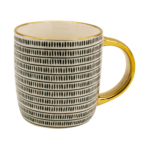 Esta taza de cerámica de 350ml con asa y detalles en dorado es perfecta para disfrutar de tu café con estilo. Es ideal para cualquier tipo de bebida, ya que soporta tanto temperaturas frías como calientes. Añadí sofisticación a tu vajilla con esta taza que sin dudas será el centro de atención en tus reuniones o momentos de relajación.
