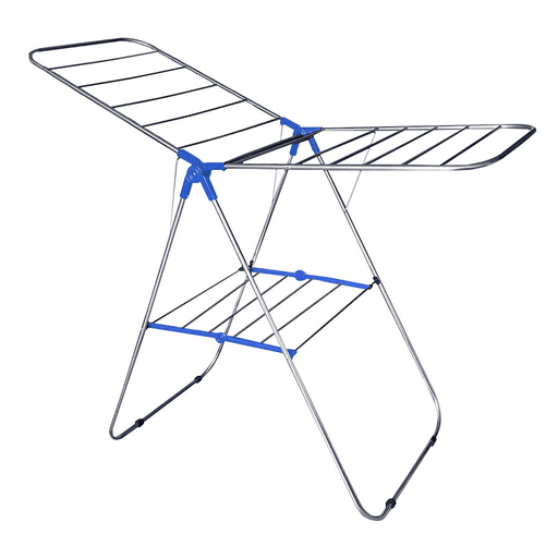 Tender de ropa práctico y estable que consta de 2 alas plegables ajustables en altura, ideal para colgar ropa de diferentes tamaños. Recubierto en color silver con elementos plásticos. El compartimiento inferior es ideal para colgar pequeñas piezas de ropa (como ropa interior, calcetines, ropa para niños, etc.)