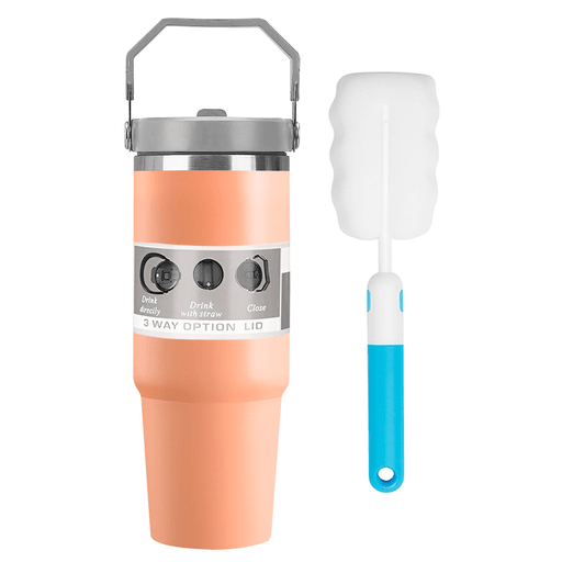 Este vaso térmico de 900ml, fabricado en acero inoxidable con aislamiento al vacío de doble pared, está diseñado para conservar la temperatura de tus bebidas por más tiempo, siendo ideal para agua, café o té. Su diseño elegante y funcional lo hace perfecto para usar en el trabajo, durante viajes o en cualquier momento del día. Cuenta con una práctica manija de transporte y su formato es apto para portavasos, lo que facilita llevarlo cómodamente en el auto. Además, incluye una tapa con sorbete de plástico, que permite disfrutar tus bebidas favoritas de forma práctica, segura y sin derrames.