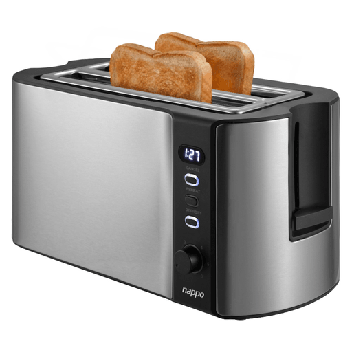 Esta tostadora NAPPO combina potencia, diseño y practicidad para lograr tostados perfectos en cada uso. Con una potencia de hasta 1500W y doble ranura, permite preparar dos rebanadas al mismo tiempo de manera rápida y uniforme. Incorpora control de tostado con 6 niveles para ajustar el dorado a tu gusto, junto con funciones de cancelar, recalentar y descongelar que aportan mayor versatilidad. Su pantalla digital con iluminación muestra el tiempo restante, mientras que la rejilla superior permite calentar pan o bollería. Además, cuenta con bandeja recogemigas extraíble para una limpieza sencilla, diseño elegante y dimensiones compactas que la hacen ideal para cualquier cocina.