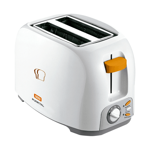 Tostadora eléctrica Punktal con 7 niveles de tostado para 2 rebanadas y descongelado automático que te permite obtener tu pan al punto que creas necesario. Compacta y práctica, cuenta también con bandeja recoge-migas que facilita la limpieza.