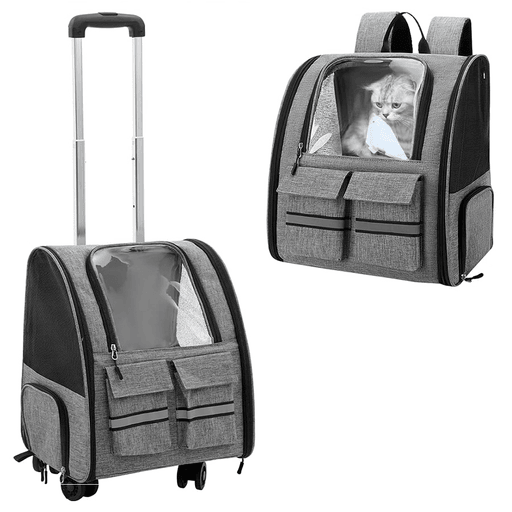 Este bolso transportador 2 en 1 con ruedas y bolsillo frontal transparente es el accesorio perfecto para llevar a tu mascota de forma cómoda y segura en tus viajes o salidas diarias. Fabricado con material resistente de nylon, ofrece un espacio amplio y confortable para que pueda relajarse. Su diseño versátil te brinda la posibilidad de llevarlo como mochila gracias a sus asas traseras acolchadas, o como valija utilizando la manija telescópica y las ruedas giratorias en la parte inferior. Además, cuenta con bolsillos frontales con correa reflectante, cierres laterales y aperturas inferiores que permiten que tu mascota entre o salga fácilmente.