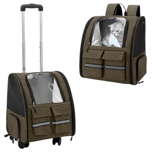 Este bolso transportador 2 en 1 con ruedas y bolsillo frontal transparente es el accesorio perfecto para llevar a tu mascota de forma cómoda y segura en tus viajes o salidas diarias. Fabricado con material resistente de nylon, ofrece un espacio amplio y confortable para que pueda relajarse. Su diseño versátil te brinda la posibilidad de llevarlo como mochila gracias a sus asas traseras acolchadas, o como valija utilizando la manija telescópica y las ruedas giratorias en la parte inferior. Además, cuenta con bolsillos frontales con correa reflectante, cierres laterales y aperturas inferiores que permiten que tu mascota entre o salga fácilmente.