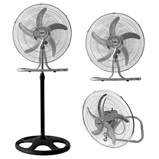Ventilador NAPPO 3 en 1 de 18”, versátil y potente, ideal para usar como ventilador de pie, pared o mesa. Sus 5 aspas metálicas y motor silencioso de aluminio garantizan un flujo de aire constante y eficiente, con funcionamiento estable y seguro para cualquier ambiente del hogar u oficina.
