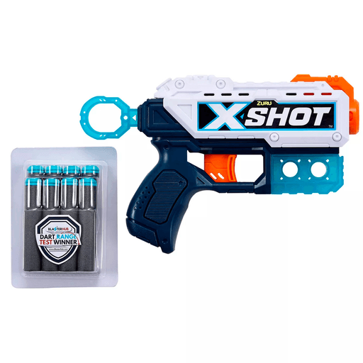 El X-Shot Kickback es un pequeño lanzador que tiene suficiente potencia para atacar objetivos a 27 metros de distancia. De hecho, ¡tiene tanta potencia que en realidad retrocede cuando se dispara!