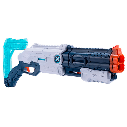 El X-Shot Vigilante lleva la explosión al siguiente nivel, cuenta con cañones gemelos, estilo innovador, manija de acción de bomba y un mecanismo de disparo rápido, que le permite disparar desde hasta 27 metros de distancia.
