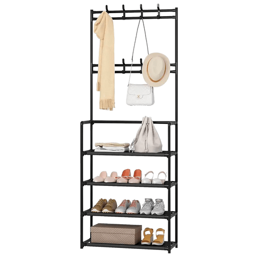 El perchero y zapatero con 4 estantes y 8 ganchos removibles es la solución perfecta para guardar tus pertenencias. Con su diseño desmontable, podés adaptarlo a tus necesidades y cambiar su ubicación fácilmente. Su estructura es de tubos de hierro resistente que garantiza durabilidad y estabilidad, mientras que los estantes extraíbles de tela impermeable proporcionan un espacio adicional para organizar tus zapatos y accesorios. Además es versátil, ya que se adapta a diferentes espacios de tu hogar como la sala de estar, dormitorio e incluso en el baño.