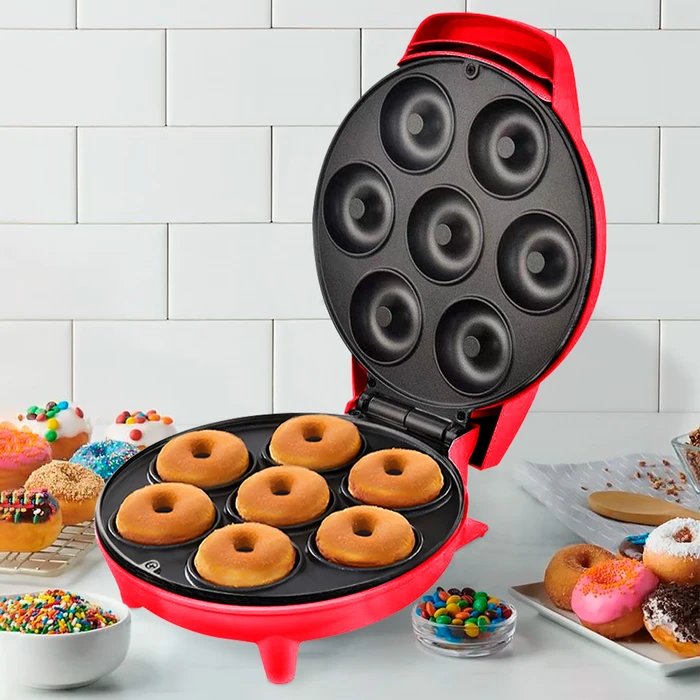 Máquina para Hacer Mini Donas, 1200W, 7 Compartimientos con Revestimiento Antiadherente y Luces Indicadoras - Rojo, oferta LOi.