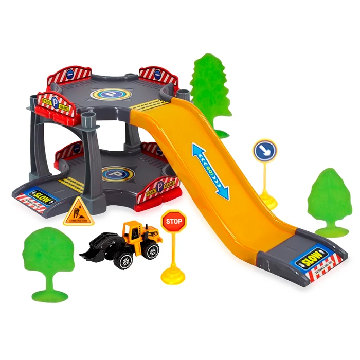 Juego Parking Building de 20 Piezas con Rampa y Retroexcavadora