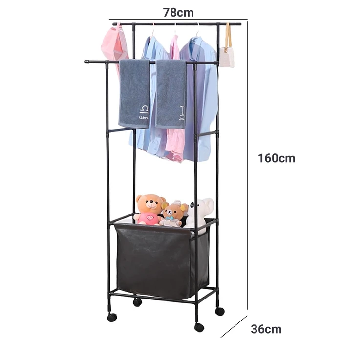 Perchero Doble con Estructura Metálica, Canasto y Ruedas