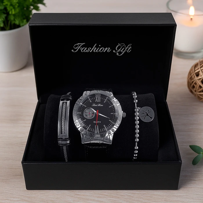 Set de Reloj Analógico con Correa de Cuero PU Brazalete y