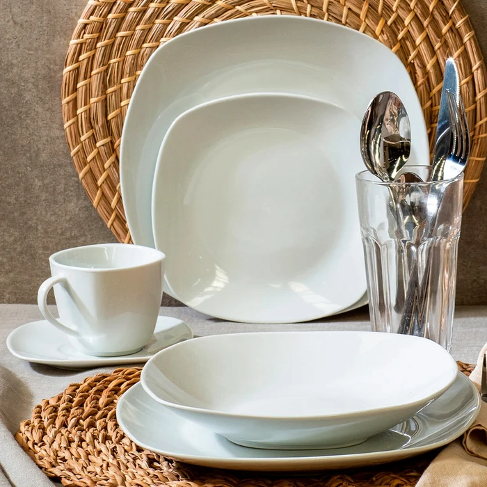 Juego de Vajilla 20 Piezas de Porcelana, Diseño Cuadrado Blanco